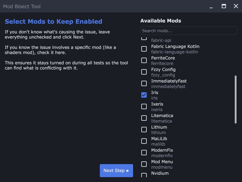 Mod select screen